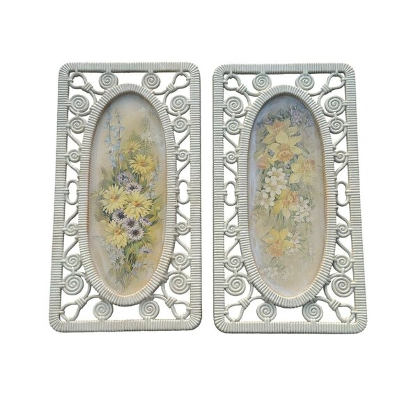 VTG 70s Syroco Daisy Floral Wall Plaques Set of 2 White Botanical Prints - Picture 1 of 5
